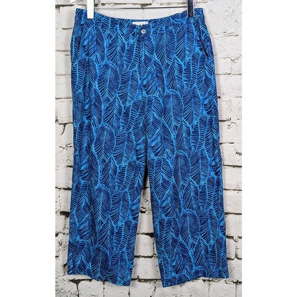 BIRCH HILL Lagenlook Boho Palm Leaf Print 100% Linen Cropped Pants Size 10 - Picture 2 of 7